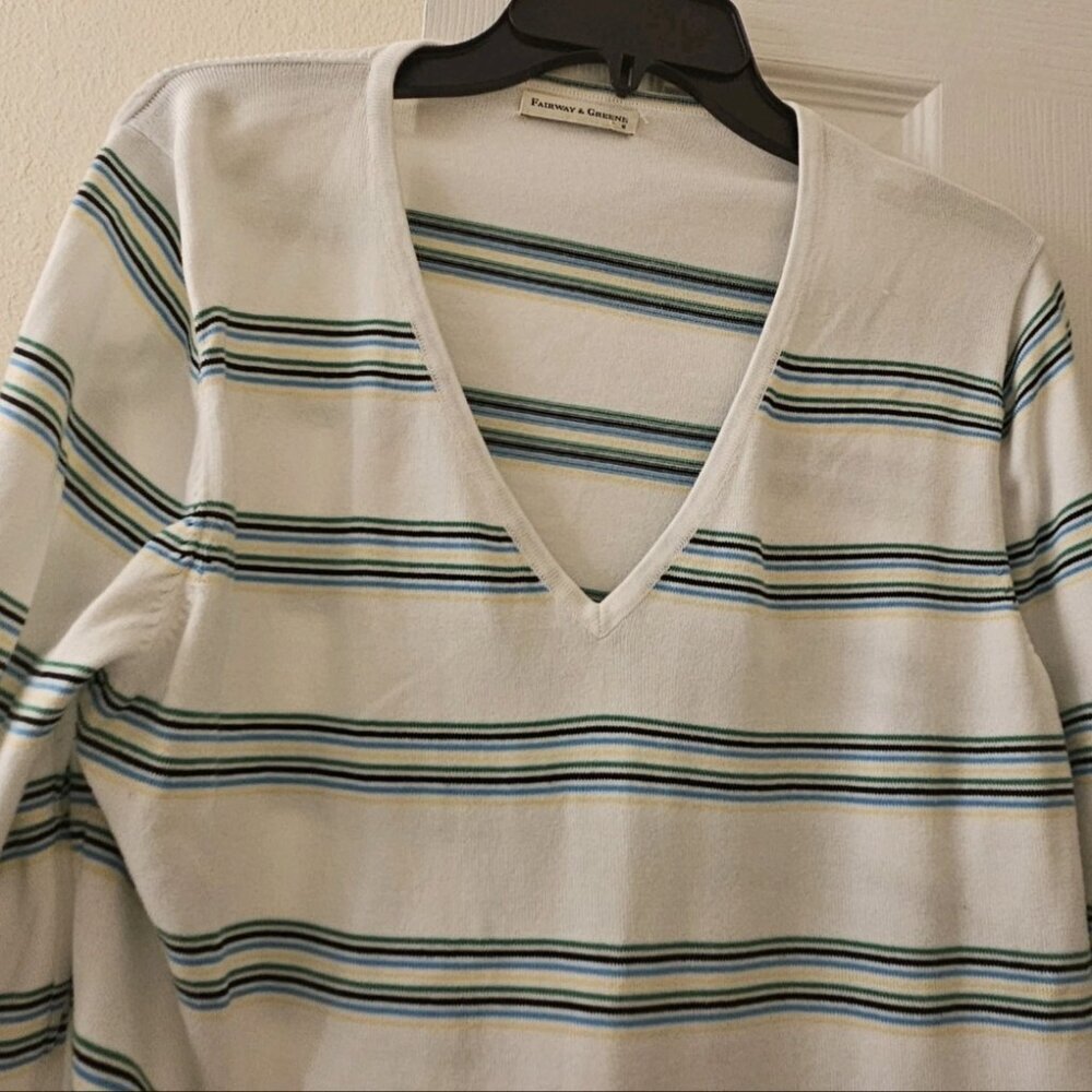 Golf pickleball tennis white striped soft 100% pima cotton preppy v neck sweater